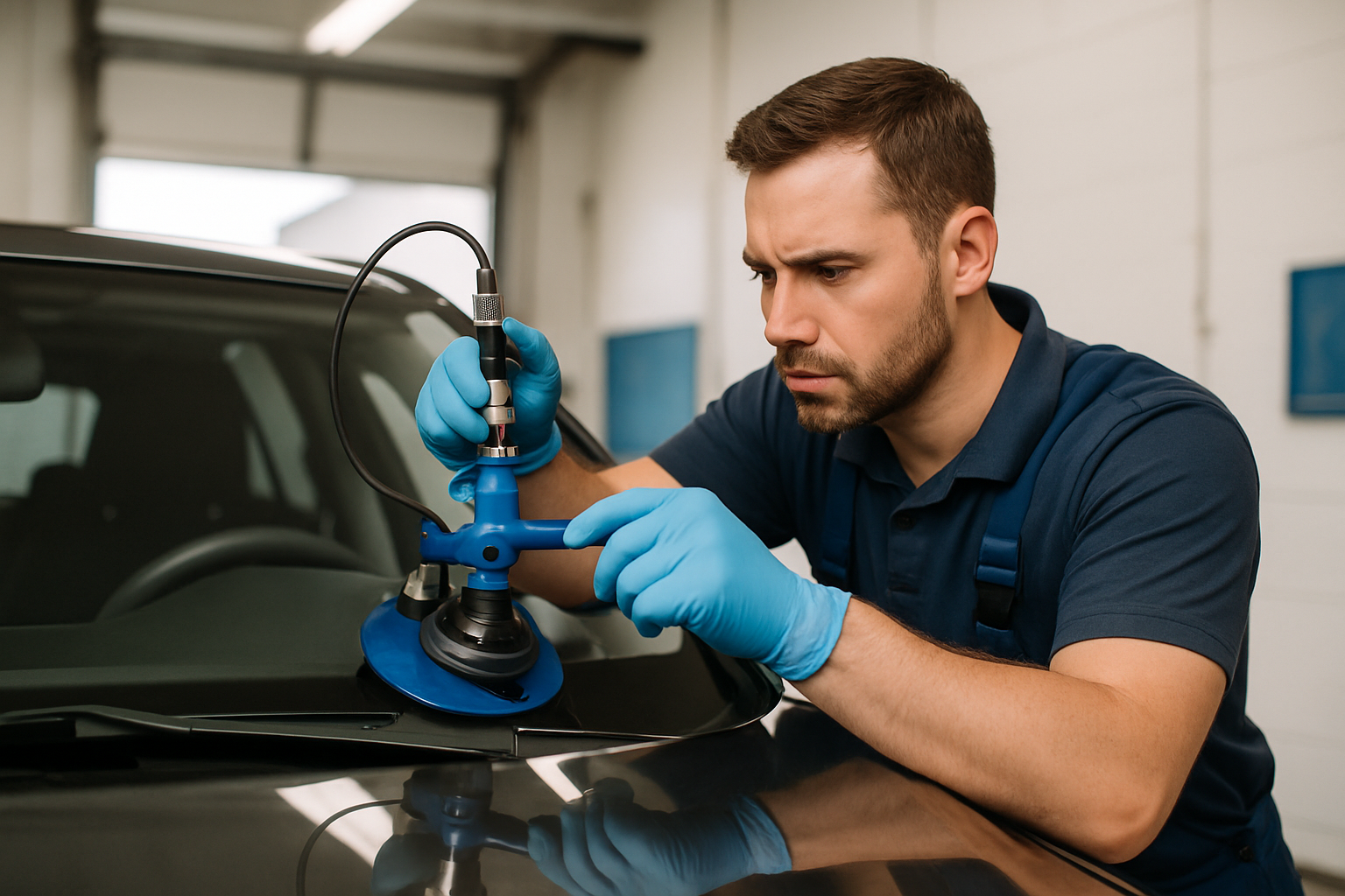Automotive glass repair service in progress