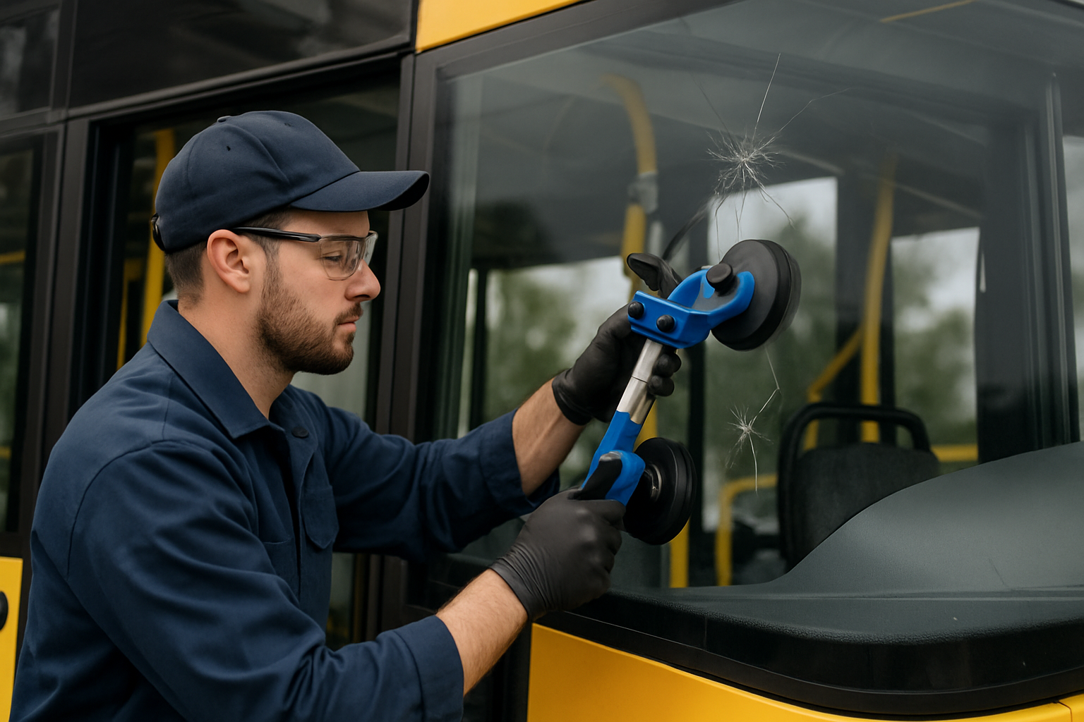 Technician repairing glass on a public transport vehicle